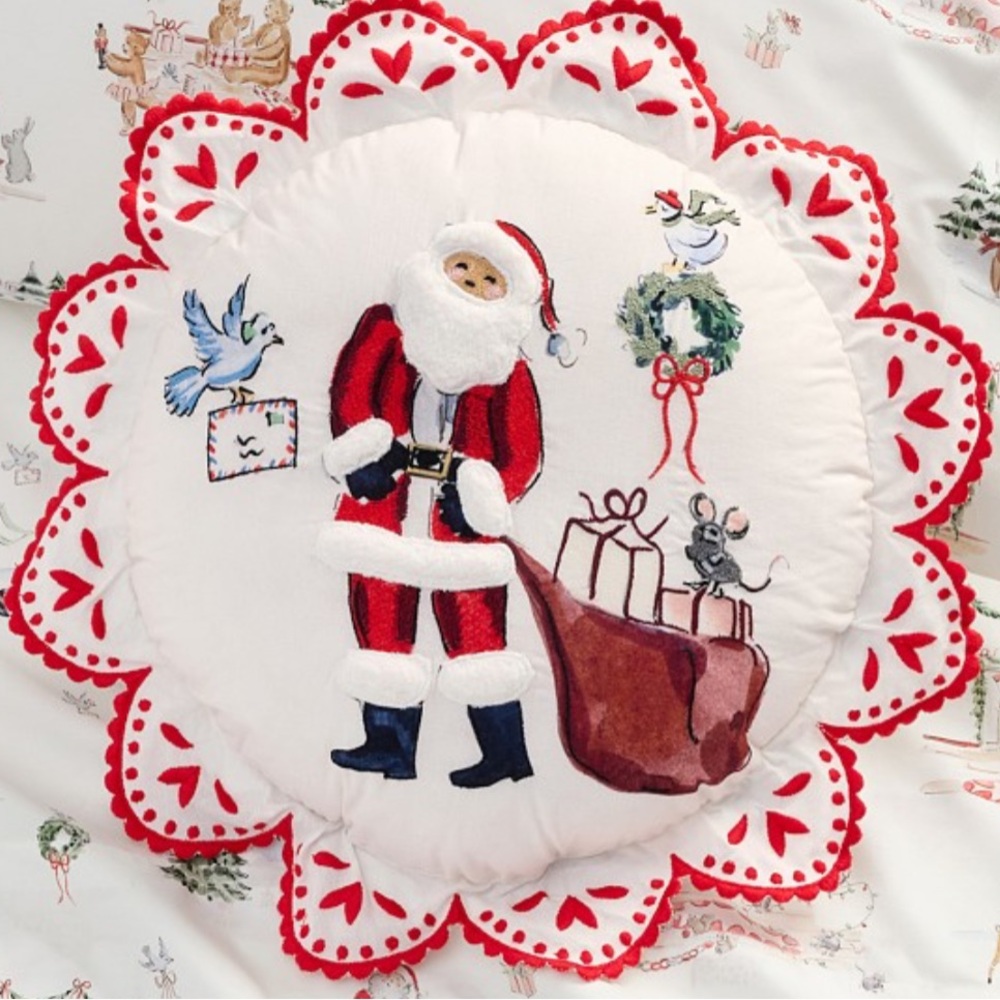Pottery Barn Kids Riley Sheehey Embroidered Santa Pillow Christmas NWT